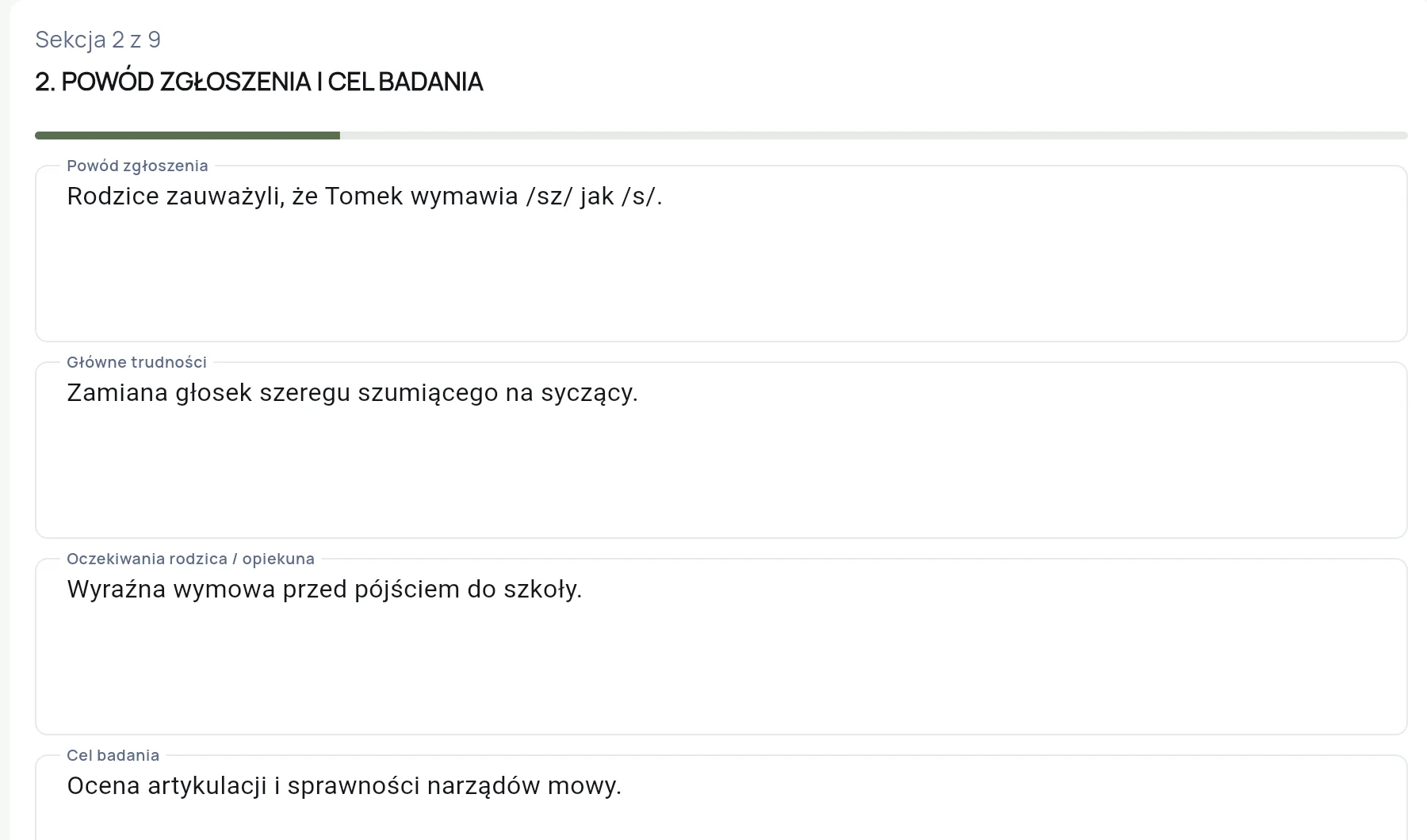 Arkusz z notatkami: powód zgłoszenia, obserwacje i oczekiwania opiekuna