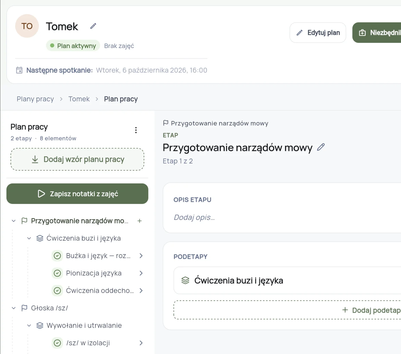 Plan pracy z etapami oraz elementami rozpoczętymi i zakończonymi