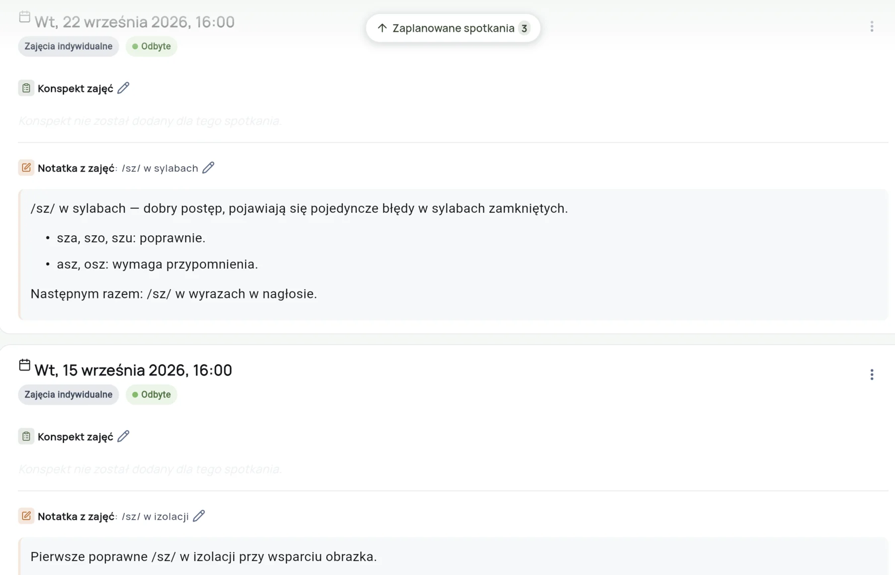 Historia zajęć: konspekt i notatka z każdego spotkania