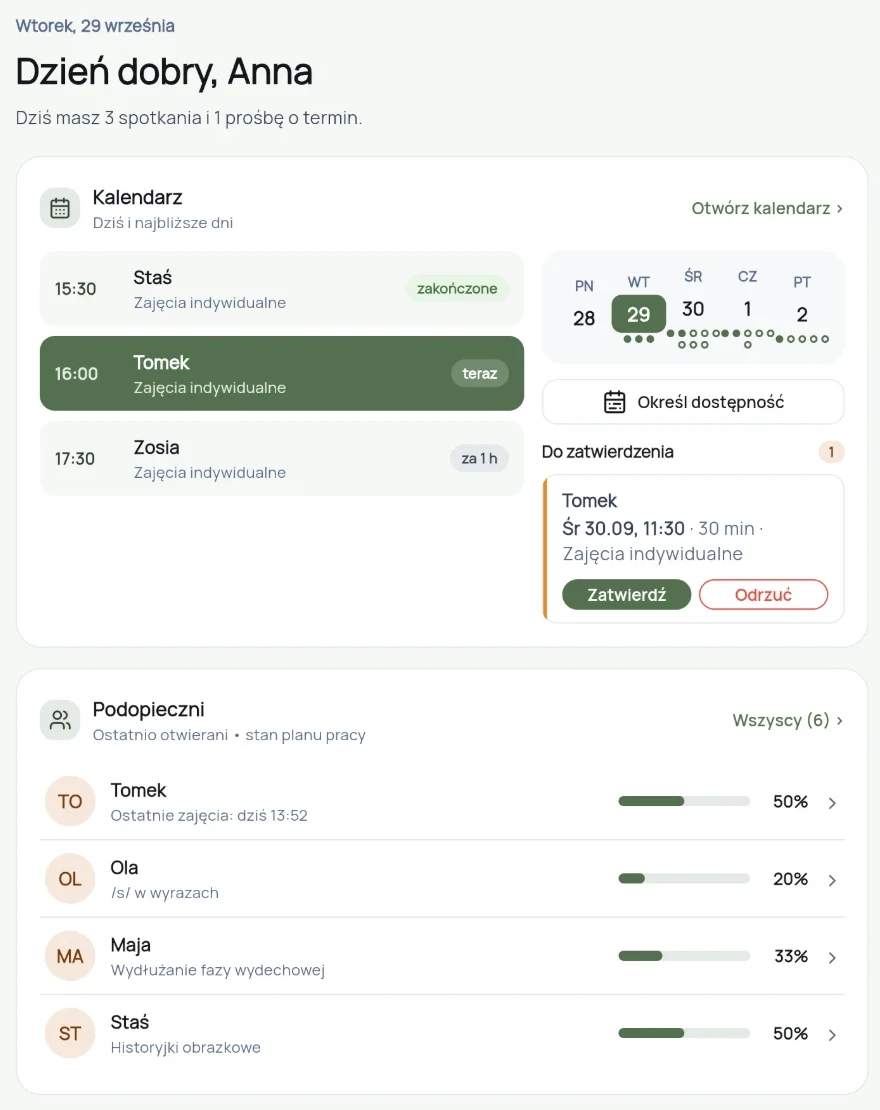 Panel Logopeda: ekran Start z planem dnia, planami pracy i materiałami