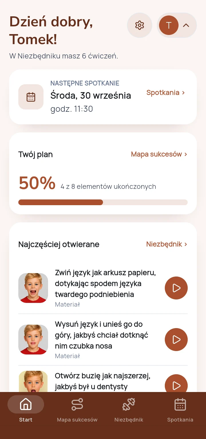 Aplikacja uczestnika zajęć: następne spotkanie, zakończona część planu i najczęściej otwierane ćwiczenia