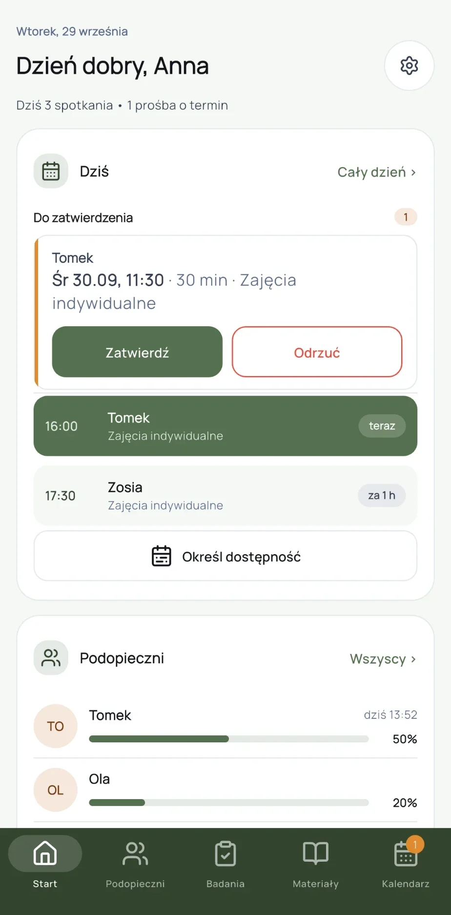 Aplikacja mobilna logopedy: plan dnia i prośby o termin